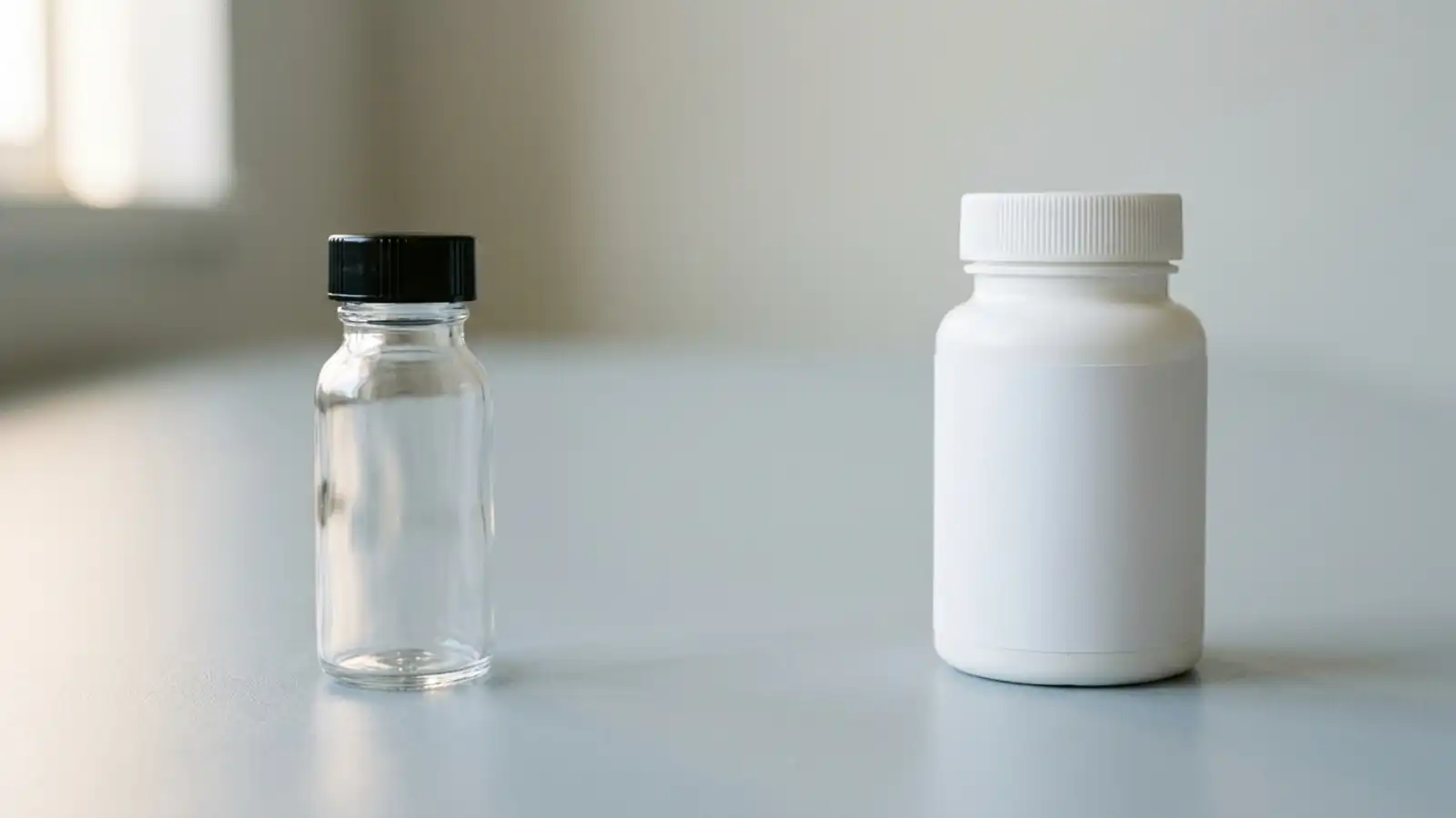 Une fiole de laboratoire et un flacon de complément posés séparément
