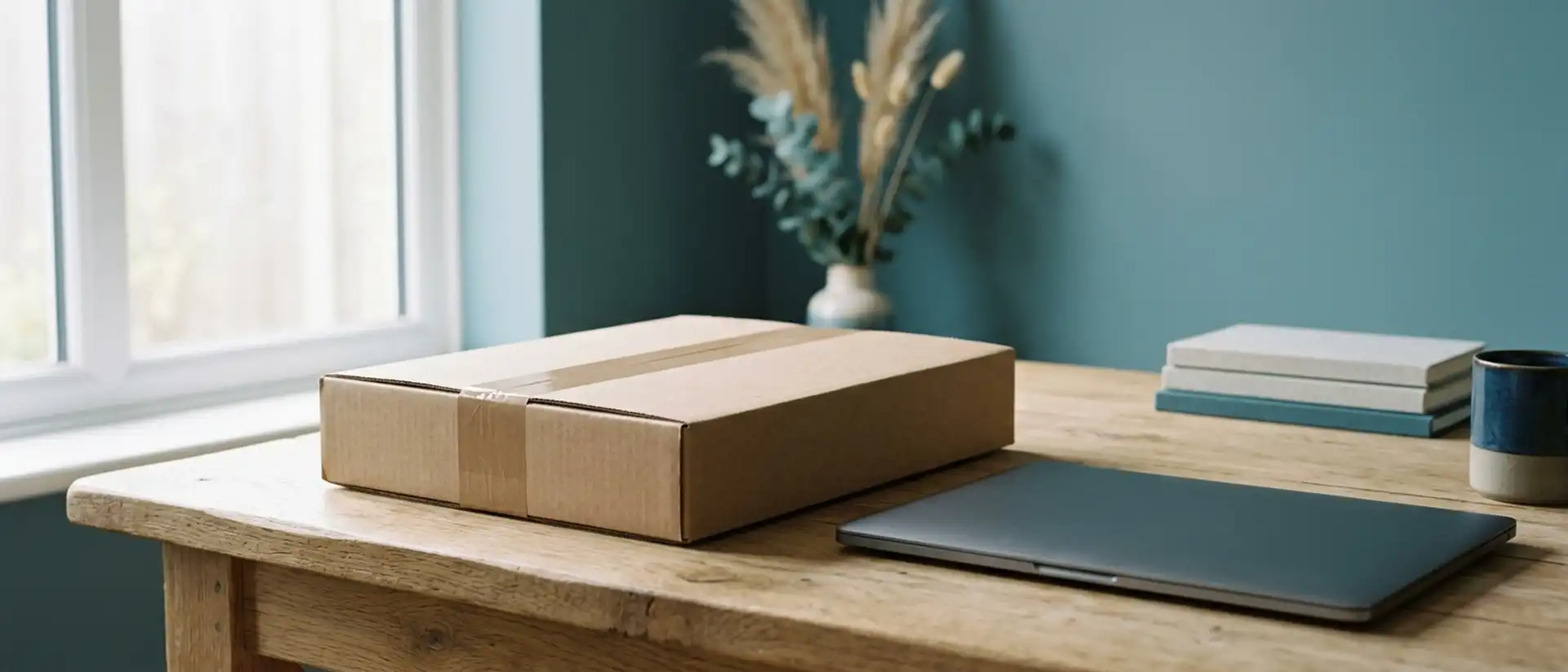 Colis en carton brun fermé et sans marque, posé sur une table en bois près d’un ordinateur portable fermé