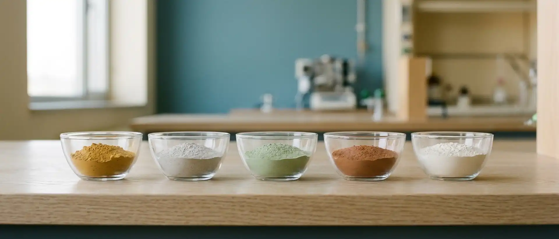 Plusieurs petits bols de verre contenant des poudres de couleurs différentes, alignés sur une paillasse claire, aucun texte visible