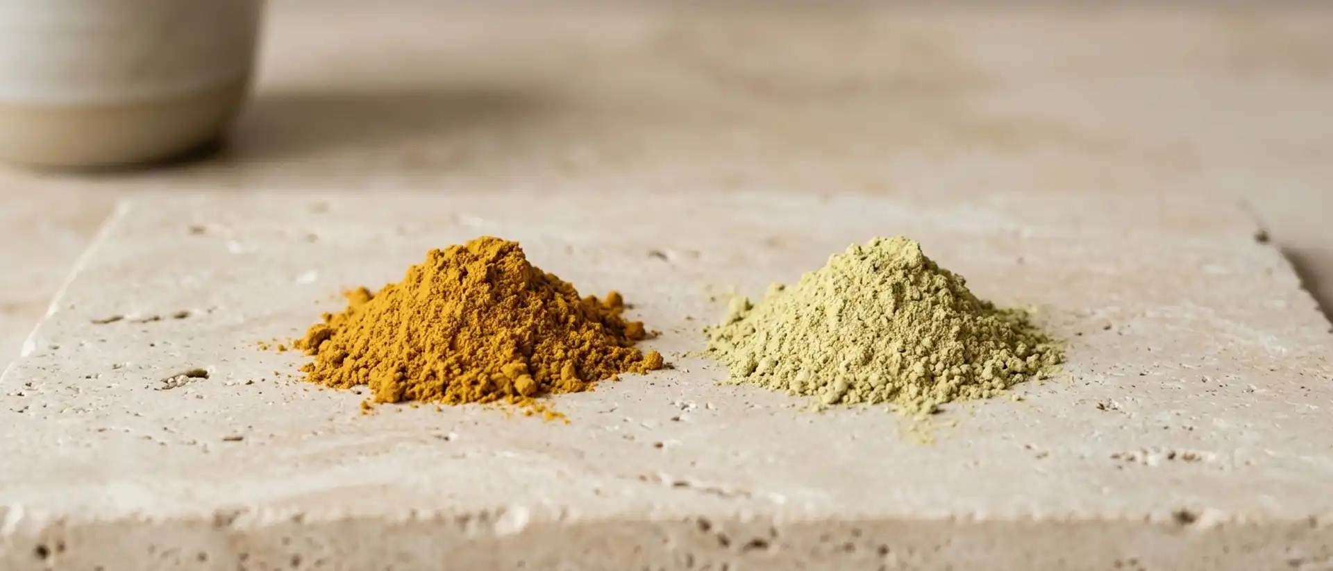 Deux poudres végétales jaunes côte à côte sur fond neutre, sans texte