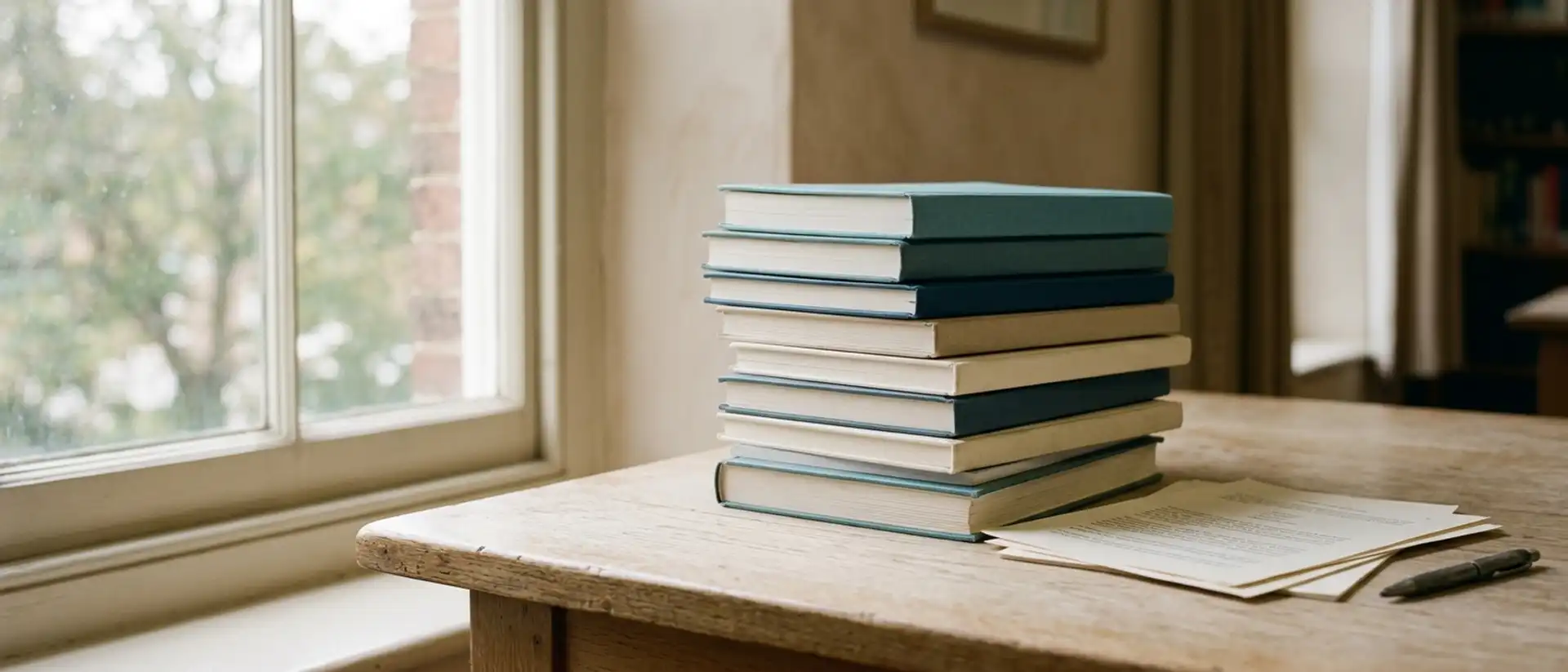 Pile de revues scientifiques fermées posées sur une table claire près d’une fenêtre, lumière douce, aucun titre lisible